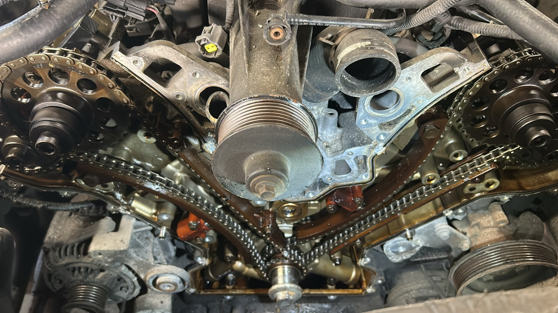 Jaguar XJR timing chain replacement — Both timing chains exposed on the supercharged 4.0 V8